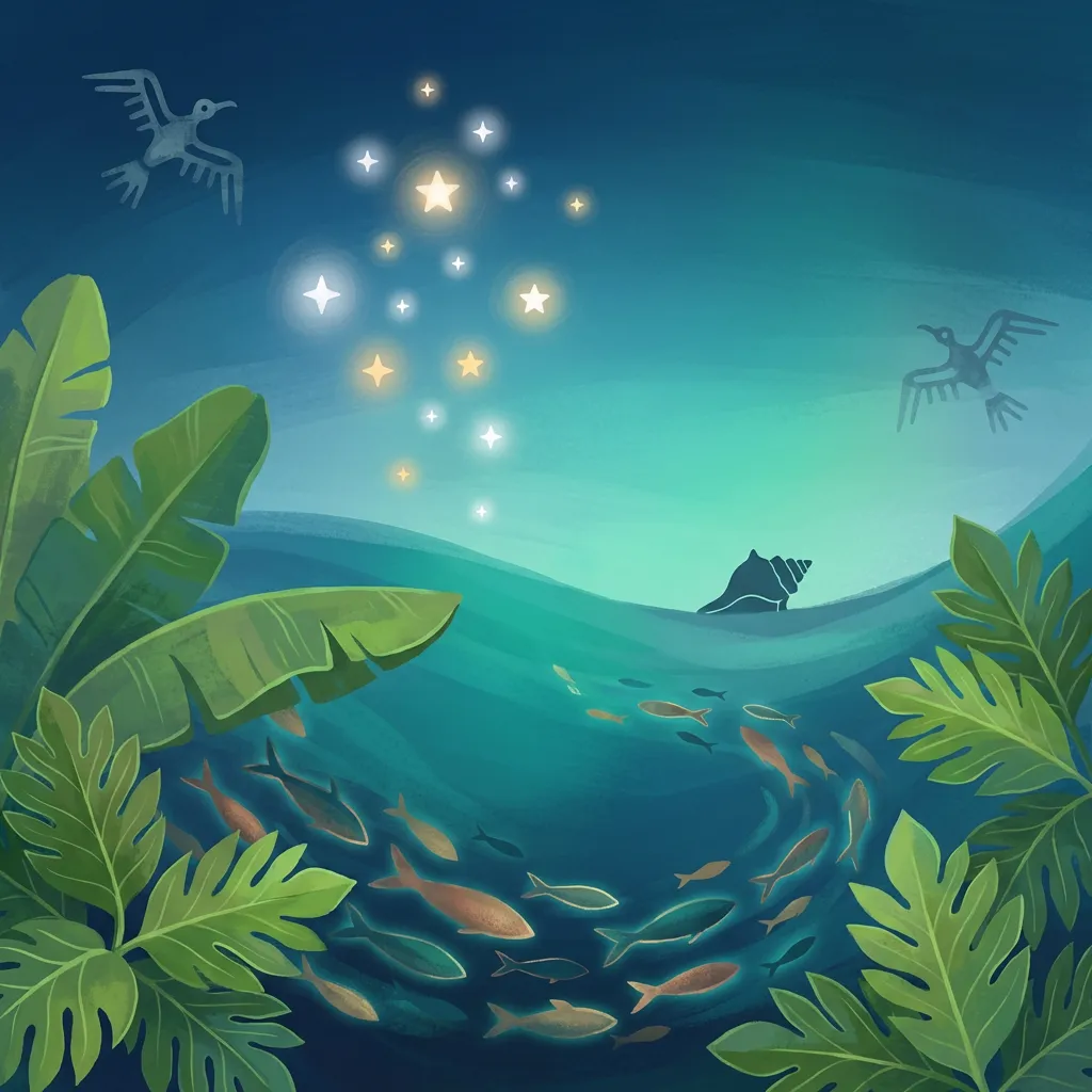 Illustration painterly de la saison Ni'a — océan, poissons, étoiles Pléiades
