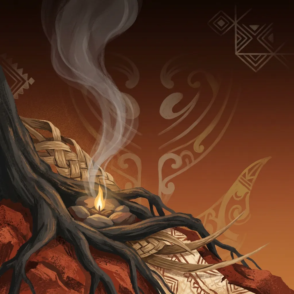 Illustration painterly de la saison Raro — racines, feu, motifs tapa